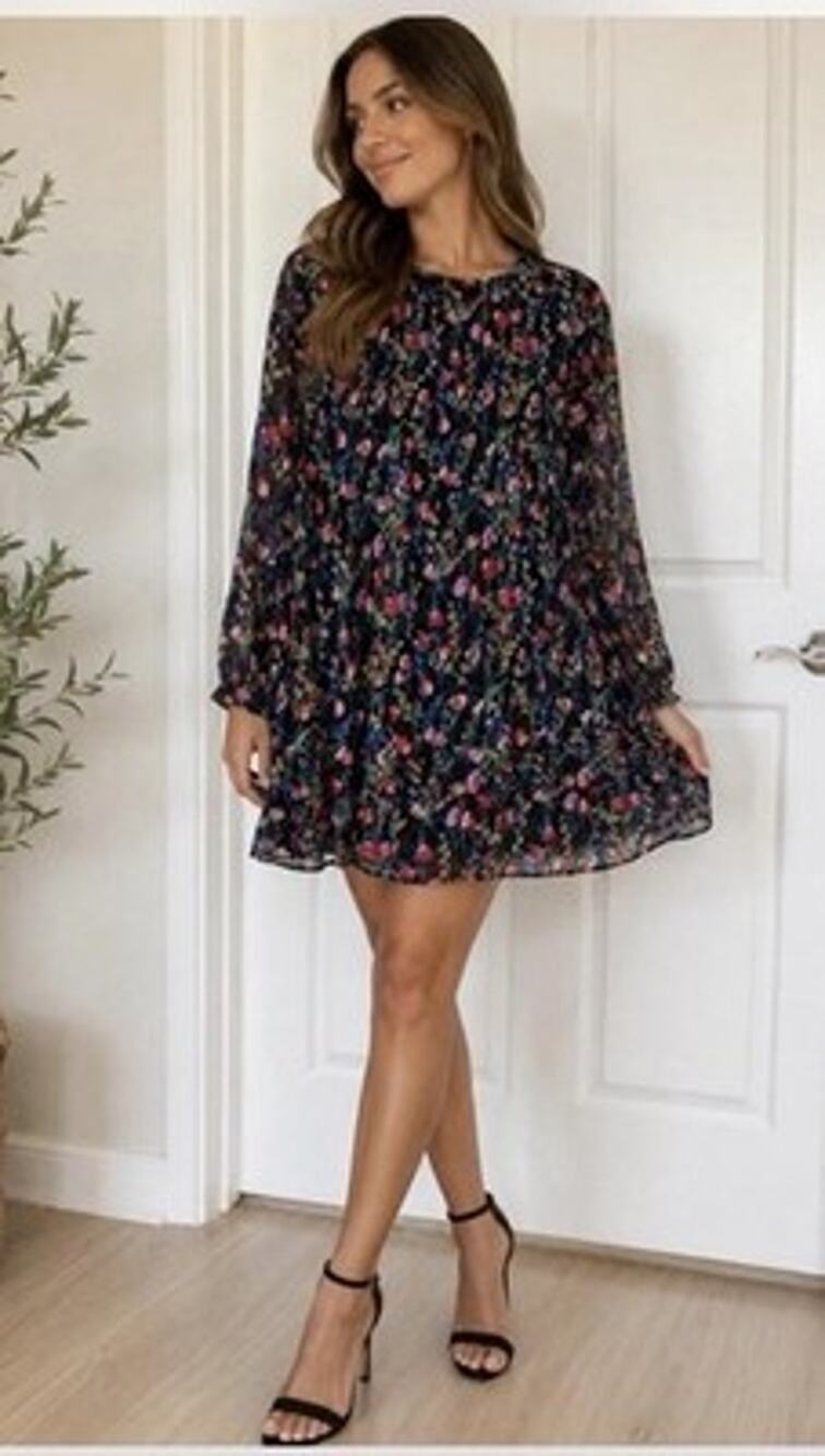 Zara Women’s Floral Chiffon Mini Dress Sz M Black Red Green Blue Pink Long Sleev